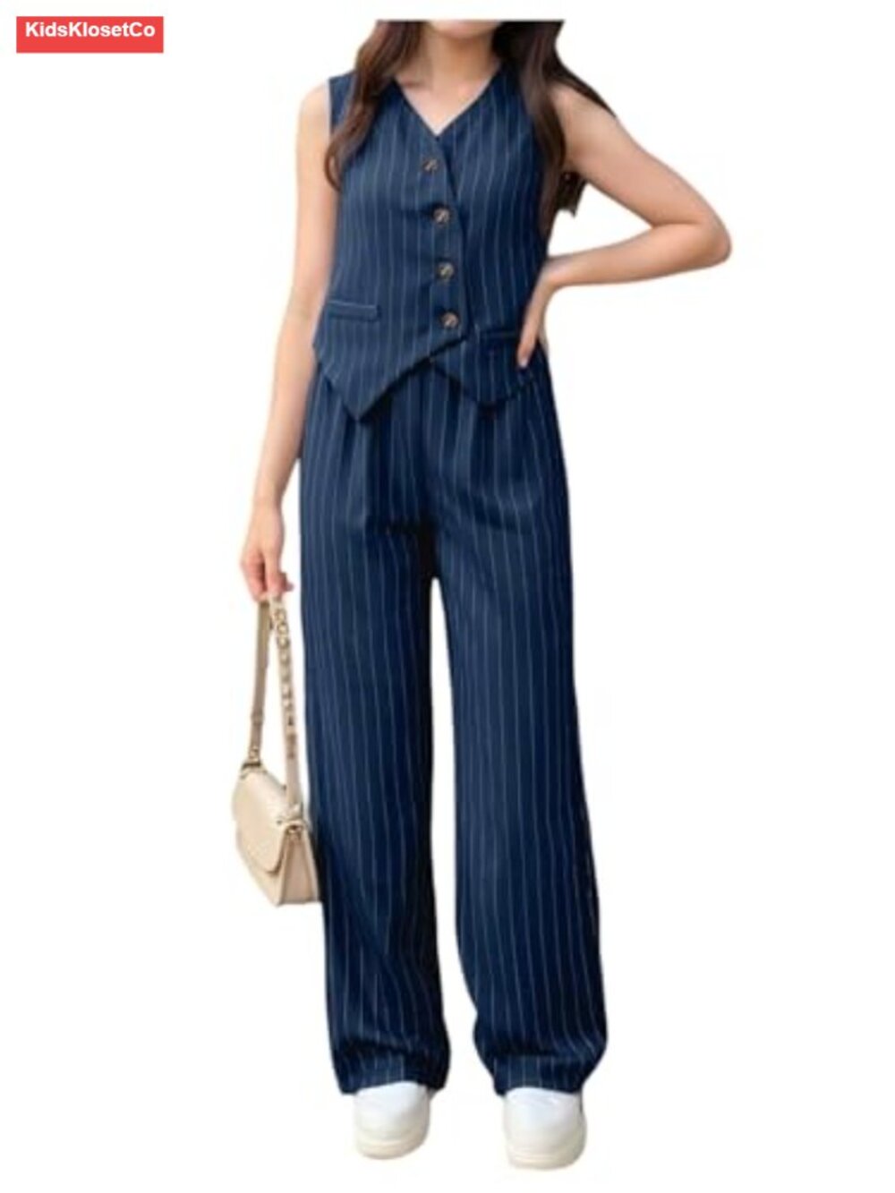 Girls 2 Piece Striped V Neck Button Down Waistcoat Pants Set Dressy Outfit